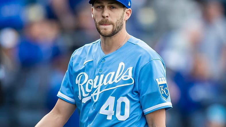 Apr 9, 2022; Kansas City, Missouri, USA; Kansas City Royals relief pitcher Collin Snider (40) against the Cleveland Guardians at Kauffman Stadium. Mandatory Credit: Nick Tre. Smith (FLO)-USA TODAY Sports