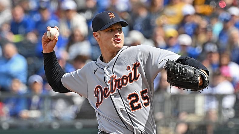 Apr 16, 2022; Kansas City, Missouri, USA; Detroit Tigers starting pitcher Matt Manning (25) delivers a pitch during the first inning against the Kansas City Royals at Kauffman Stadium. Mandatory Credit: Peter Aiken-USA TODAY Sports