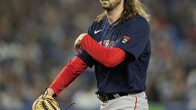 Apr 25, 2022; Toronto, Ontario, CAN; Boston Red Sox pitcher Matt Strahm (55) comes out of the game during the eighth inning against the Toronto Blue Jays at Rogers Centre. Mandatory Credit: John E. Sokolowski-USA TODAY Sports
