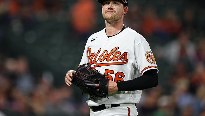 May 4, 2022; Baltimore, Maryland, USA; Baltimore Orioles starting pitcher Kyle Bradish (56) looks on after pitching against the Minnesota Twins during the fourth inning at Oriole Park at Camden Yards. Mandatory Credit: Scott Taetsch-USA TODAY Sports