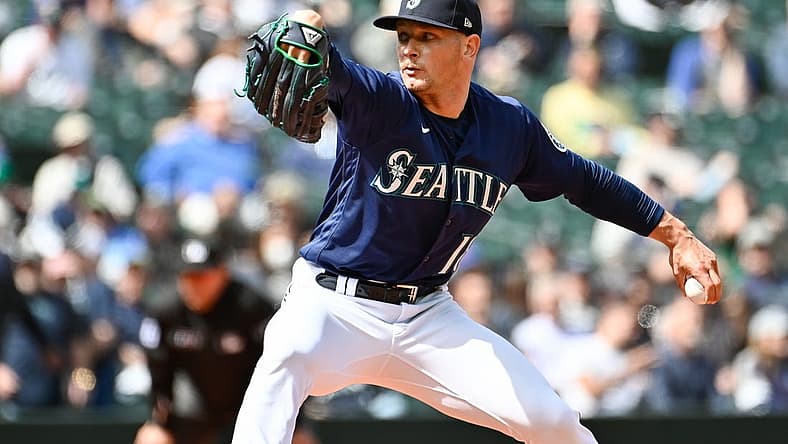 May 11, 2022; Seattle, Washington, USA; Seattle Mariners relief pitcher Anthony Misiewicz (18) pitches against the Philadelphia Phillies during the seventh inning at T-Mobile Park. Mandatory Credit: Steven Bisig-USA TODAY Sports