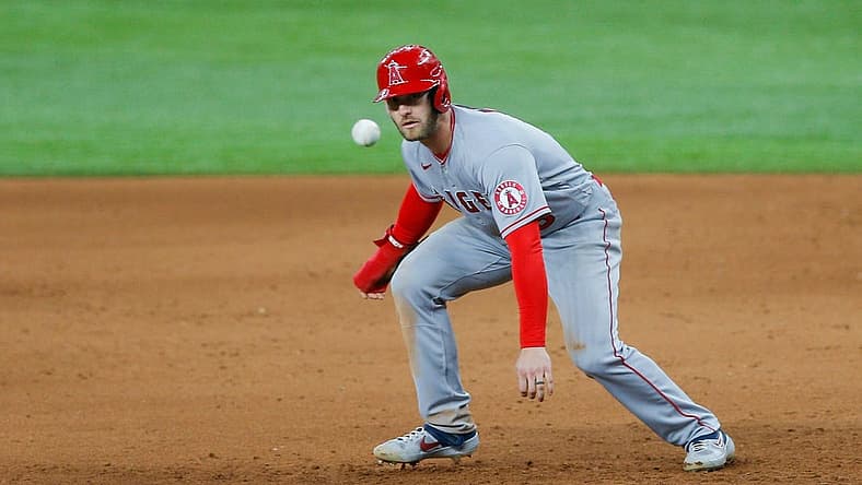 May 18, 2022; Arlington, Texas, USA; Los Angeles Angels right fielder Taylor Ward (3) watches a line drive pass by him during the sixth inning against the Texas Rangers at Globe Life Field. Mandatory Credit: Andrew Dieb-USA TODAY Sports