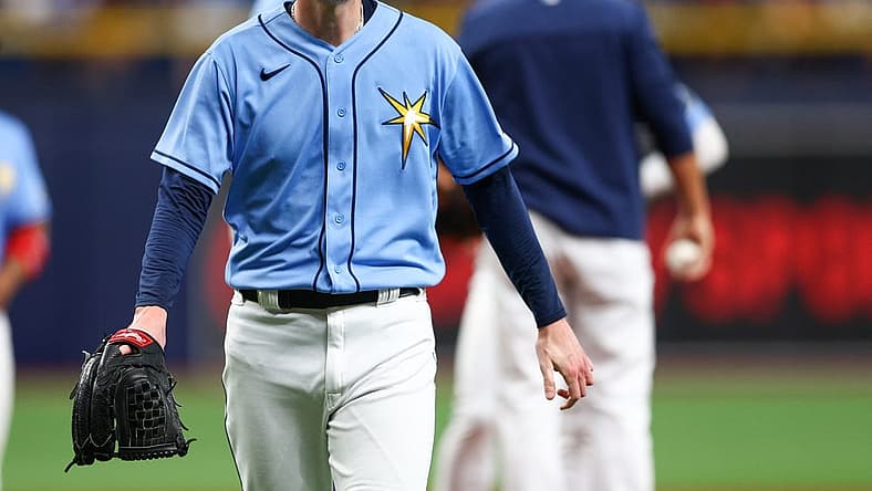 Jun 5, 2022; St. Petersburg, Florida, USA;  Tampa Bay Rays relief pitcher Ryan Yarbrough (48) reacts after being taking out of a game against the Chicago White Sox in the second inning at Tropicana Field. Mandatory Credit: Nathan Ray Seebeck-USA TODAY Sports