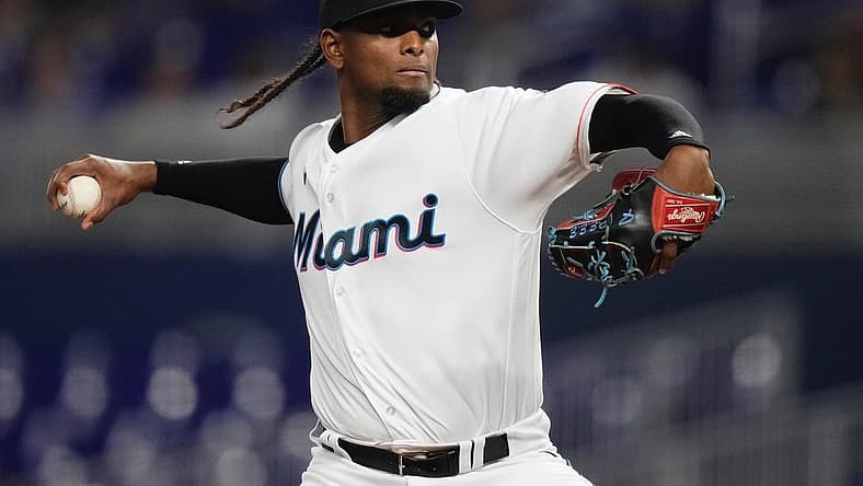 Jun 7, 2022; Miami, Florida, USA; Miami Marlins starting pitcher Edward Cabrera (27) delivers a pitch n the 1st inning against the Washington Nationals at loanDepot park. Mandatory Credit: Jasen Vinlove-USA TODAY Sports