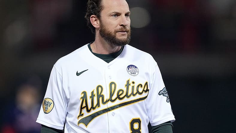 Jun 3, 2022; Oakland, California, USA; Oakland Athletics designated hitter Jed Lowrie (8) during the eighth inning against the Boston Red Sox at RingCentral Coliseum. Mandatory Credit: Darren Yamashita-USA TODAY Sports