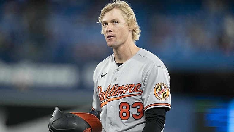 Jun 13, 2022; Toronto, Ontario, CAN; Baltimore Orioles outfielder Kyle Stowers (83) walks towards the dugout after hitting an RBI double during his MLB debut against the Toronto Blue Jays during the seventh inning at Rogers Centre. Mandatory Credit: Nick Turchiaro-USA TODAY Sports