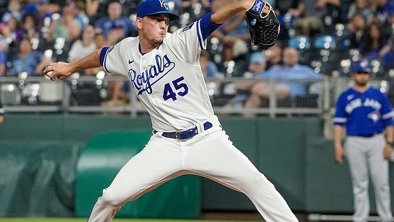 Jun 7, 2022; Kansas City, Missouri, USA; Kansas City Royals relief pitcher Taylor Clarke (45) delivers a pitch against the Toronto Blue Jays during the game at Kauffman Stadium. Mandatory Credit: Denny Medley-USA TODAY Sports