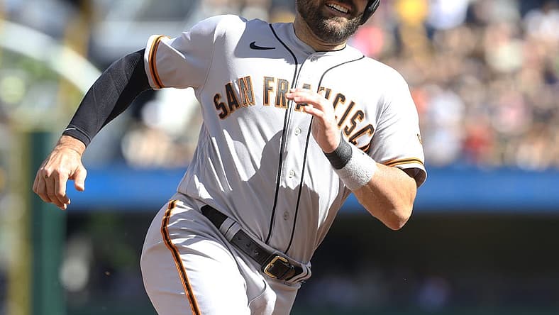 Jun 18, 2022; Pittsburgh, Pennsylvania, USA; San Francisco Giants catcher Curt Casali (2) runs the bases on his way to scoring a run against the Pittsburgh Pirates during the third inning at PNC Park. Mandatory Credit: Charles LeClaire-USA TODAY Sports