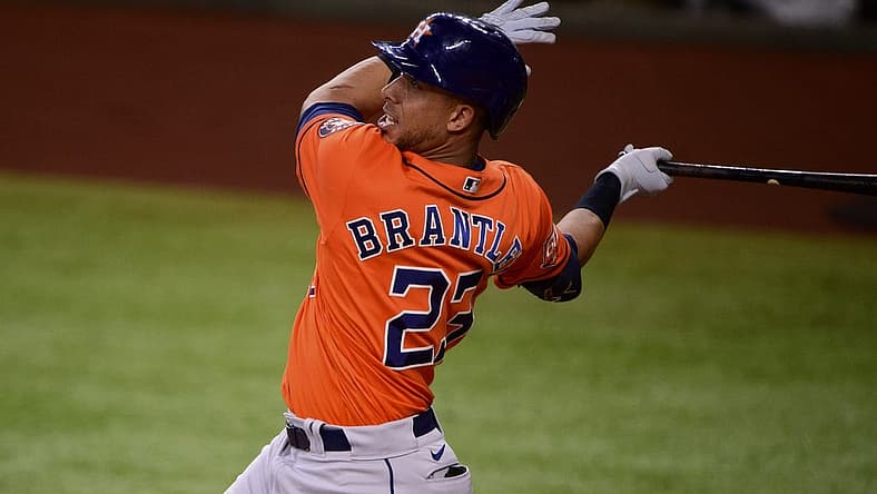 Jun 15, 2022; Arlington, Texas, USA; Houston Astros designated hitter Michael Brantley (23) in action during the game between the Texas Rangers and the Houston Astros at Globe Life Field. Mandatory Credit: Jerome Miron-USA TODAY Sports