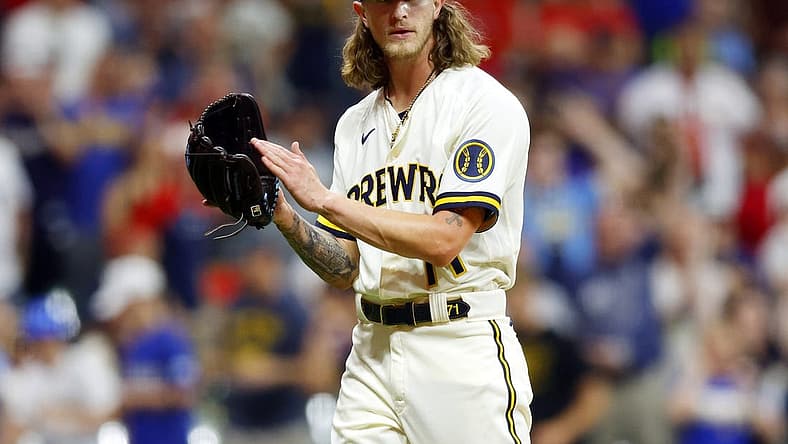 Jun 20, 2022; Milwaukee, Wisconsin, USA;  Milwaukee Brewers pitcher Josh Hader (71) reacts to the final out of the game against the St. Louis Cardinals at American Family Field. Mandatory Credit: Jeff Hanisch-USA TODAY Sports