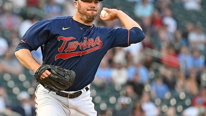 Jun 22, 2022; Minneapolis, Minnesota, USA; Minnesota Twins relief pitcher Caleb Thielbar (56) commits a balk on a pick-off move to first resulting in the Cleveland Guardians scoring a run during the fifth inning at Target Field. Mandatory Credit: Nick Wosika-USA TODAY Sports
