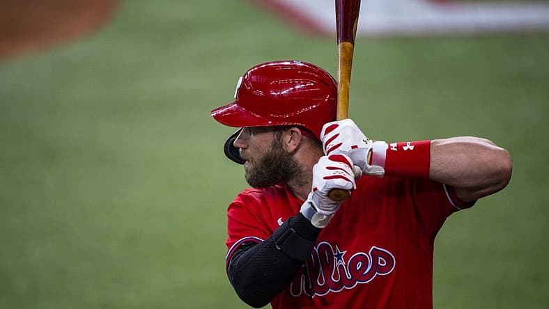 Jun 22, 2022; Arlington, Texas, USA; Philadelphia Phillies designated hitter Bryce Harper (3) in action during the game between the Texas Rangers and the Philadelphia Phillies at Globe Life Field. Mandatory Credit: Jerome Miron-USA TODAY Sports