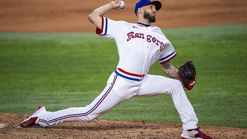 Jun 25, 2022; Arlington, Texas, USA; Texas Rangers relief pitcher Joe Barlow (68) pitches against the Washington Nationals during the ninth inning at Globe Life Field. Mandatory Credit: Jerome Miron-USA TODAY Sports