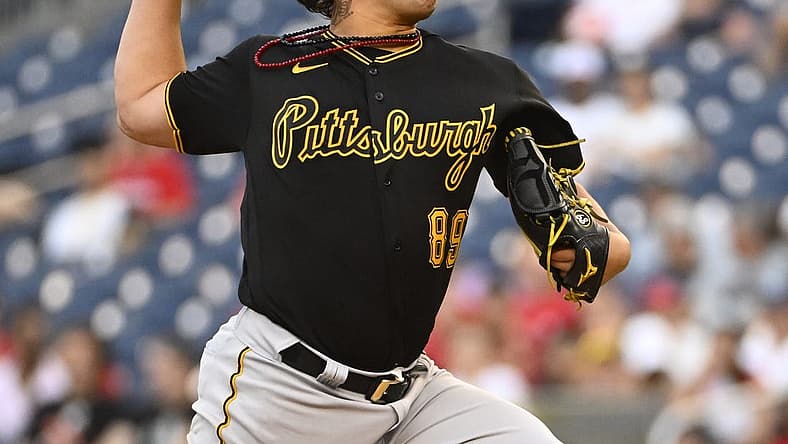 Jun 27, 2022; Washington, District of Columbia, USA; Pittsburgh Pirates starting pitcher Miguel Yajure (89) throws to the Washington Nationals during the second inning at Nationals Park. Mandatory Credit: Brad Mills-USA TODAY Sports