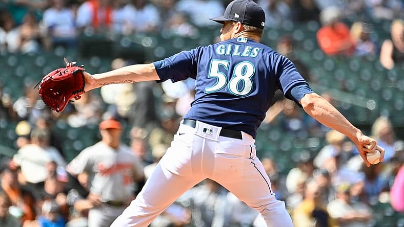 Jun 29, 2022; Seattle, Washington, USA; Seattle Mariners relief pitcher Ken Giles (58) pitches to the Baltimore Orioles during the eighth inning at T-Mobile Park. Mandatory Credit: Steven Bisig-USA TODAY Sports