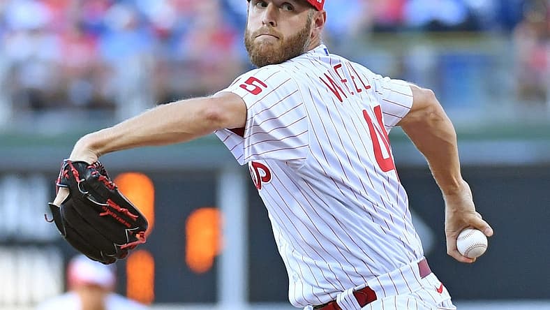 Jul 3, 2022; Philadelphia, Pennsylvania, USA; Philadelphia Phillies starting pitcher Zack Wheeler (45) throws a pitch during the first inning against the St. Louis Cardinals at Citizens Bank Park. Mandatory Credit: Eric Hartline-USA TODAY Sports