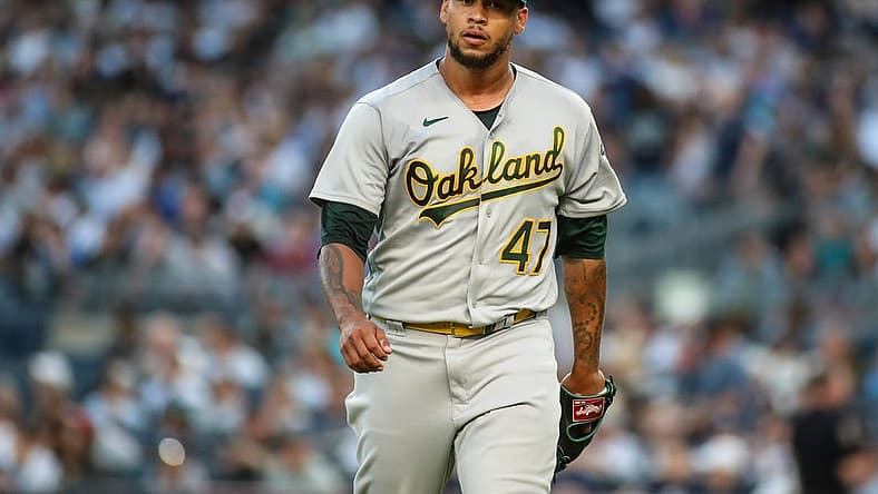 Jun 28, 2022; Bronx, New York, USA;  Oakland Athletics starting pitcher Frankie Montas (47) at Yankee Stadium. Mandatory Credit: Wendell Cruz-USA TODAY Sports