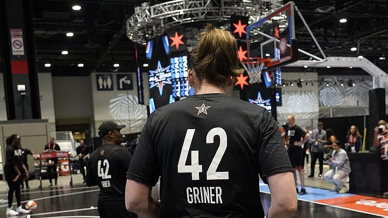 Jul 9, 2022; Chicago, IL, USA; Players on Team Stewart wear practice jersey s honoring Brittany Griner during practice for the 2022 WNBA All-Star Game. Mandatory Credit: David Banks-USA TODAY Sports