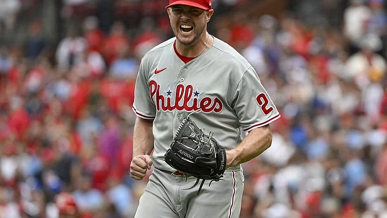 Jul 9, 2022; St. Louis, Missouri, USA; Philadelphia Phillies relief pitcher Corey Knebel (23) reacts after closing out the ninth inning in a victory against the St. Louis Cardinals at Busch Stadium. Mandatory Credit: Jeff Curry-USA TODAY Sports