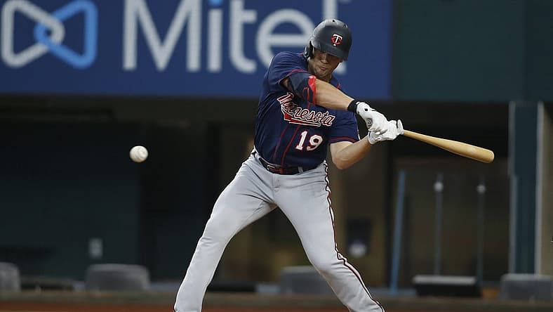 Jul 10, 2022; Arlington, Texas, USA; Minnesota Twins left fielder Alex Kirilloff (19) singles in the first inning against the Texas Rangers at Globe Life Field. Mandatory Credit: Tim Heitman-USA TODAY Sports