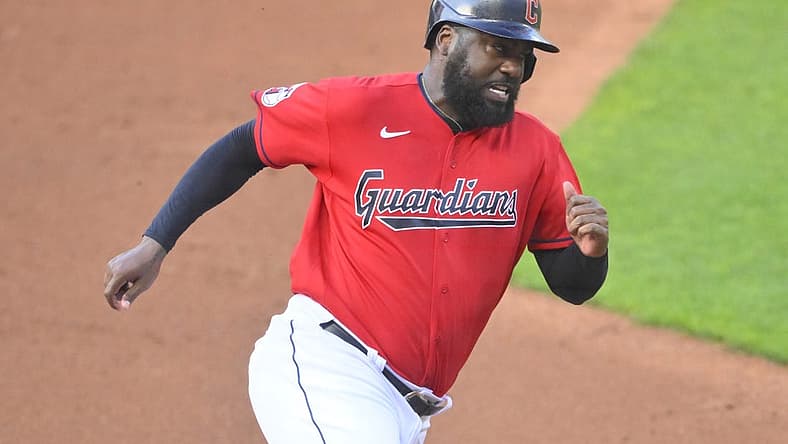 Jul 11, 2022; Cleveland, Ohio, USA; Cleveland Guardians designated hitter Franmil Reyes (32) rounds third base before scoring in the first inning against the Chicago White Sox at Progressive Field. Mandatory Credit: David Richard-USA TODAY Sports