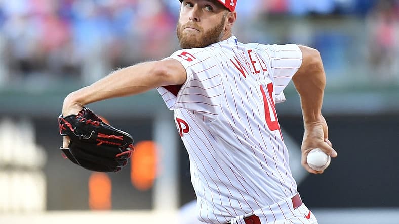 Jul 3, 2022; Philadelphia, Pennsylvania, USA; Philadelphia Phillies starting pitcher Zack Wheeler (45) against the St. Louis Cardinals at Citizens Bank Park. Mandatory Credit: Eric Hartline-USA TODAY Sports