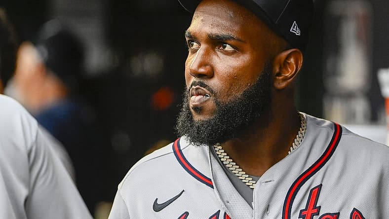 Jul 14, 2022; Washington, District of Columbia, USA; Atlanta Braves designated hitter Marcell Ozuna (20) in the dugout before the game against the Washington Nationals at Nationals Park. Mandatory Credit: Brad Mills-USA TODAY Sports