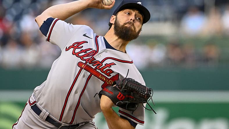 Jul 15, 2022; Washington, District of Columbia, USA; Atlanta Braves starting pitcher Ian Anderson (36) throws to the Washington Nationals during the first inning at Nationals Park. Mandatory Credit: Brad Mills-USA TODAY Sports