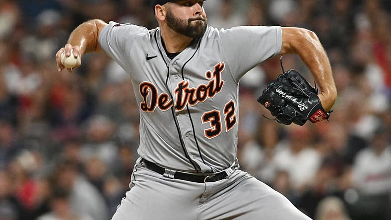 Jul 15, 2022; Cleveland, Ohio, USA; Detroit Tigers relief pitcher Michael Fulmer (32) throws a pitch during the seventh inning against the Cleveland Guardians at Progressive Field. Mandatory Credit: Ken Blaze-USA TODAY Sports