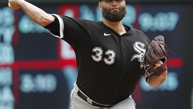 Jul 16, 2022; Minneapolis, Minnesota, USA; Chicago White Sox starting pitcher Lance Lynn (33) throws to the Minnesota Twins in the first inning at Target Field. Mandatory Credit: Bruce Kluckhohn-USA TODAY Sports