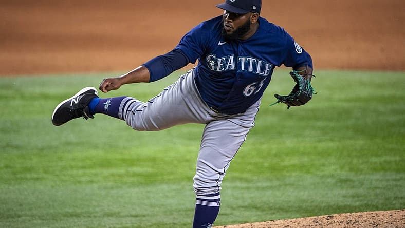 Jul 16, 2022; Arlington, Texas, USA; Seattle Mariners relief pitcher Diego Castillo (63) pitches against the Texas Rangers during the ninth inning at Globe Life Field. Mandatory Credit: Jerome Miron-USA TODAY Sports