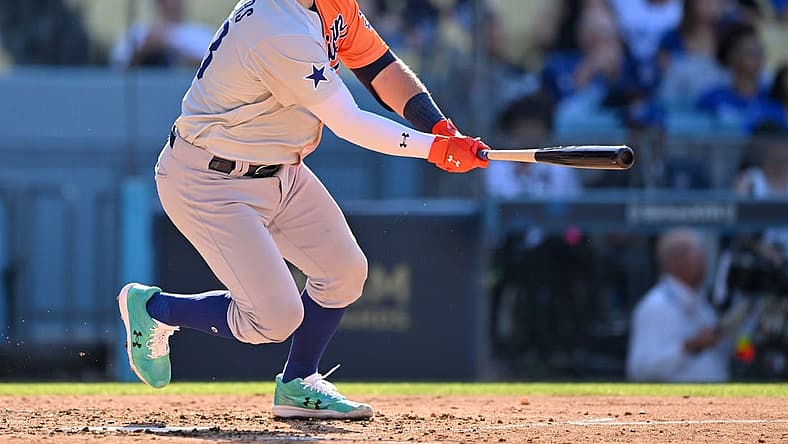 Jul 16, 2022; Los Angeles, CA, USA; American League Futures catcher Shea Langeliers (33) hits a solo home run in the fourth inning of the All Star-Futures Game at Dodger Stadium. Mandatory Credit: Jayne Kamin-Oncea-USA TODAY Sports