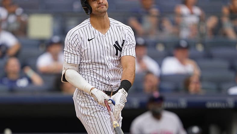 Jul 17, 2022; Bronx, New York, USA; New York Yankees right fielder Joey Gallo (13) reacts to hitting a fly ball out during the eighth inning against the Boston Red Sox at Yankee Stadium. Mandatory Credit: Gregory Fisher-USA TODAY Sports