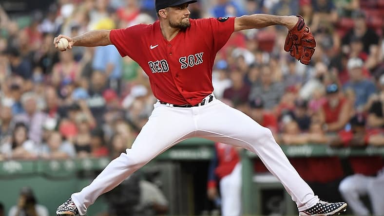 Jul 22, 2022; Boston, Massachusetts, USA; Boston Red Sox starting pitcher Nathan Eovaldi (17) pitches during the first inning against the Toronto Blue Jays at Fenway Park. Mandatory Credit: Bob DeChiara-USA TODAY Sports