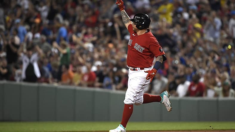 Jul 22, 2022; Boston, Massachusetts, USA; Boston Red Sox first baseman Christian Vazquez (7) reacts after hitting a home run during the fourth inning against the Toronto Blue Jays at Fenway Park. Mandatory Credit: Bob DeChiara-USA TODAY Sports