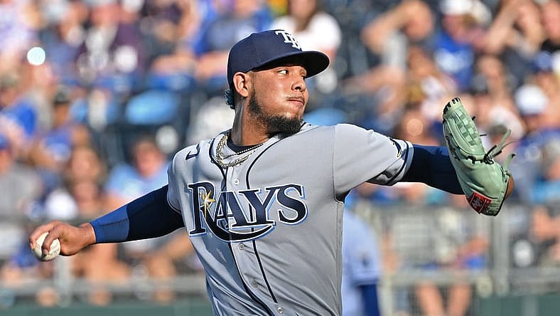 Jul 23, 2022; Kansas City, Missouri, USA; Tampa Bay Rays starting pitcher Luis Patino (1) delivers against the Kansas City Royals during the first inning at Kauffman Stadium. Mandatory Credit: Peter Aiken-USA TODAY Sports