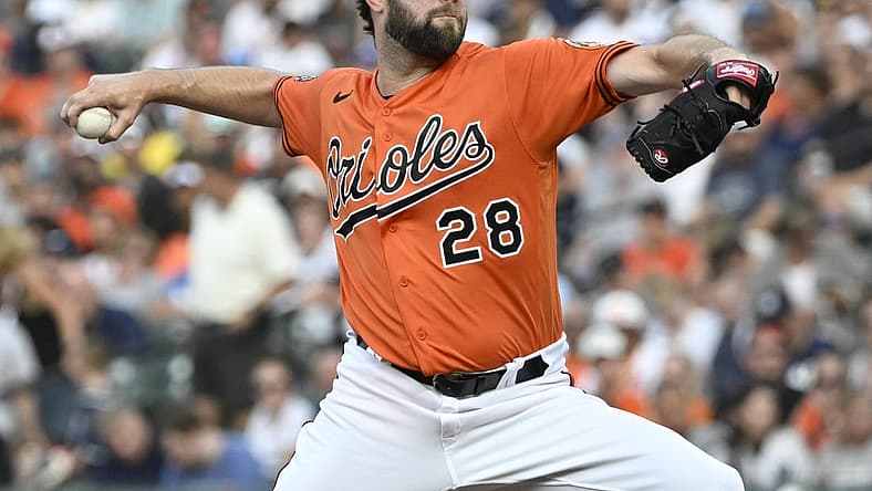 Jul 23, 2022; Baltimore, Maryland, USA; Baltimore Orioles starting pitcher Jordan Lyles (28) delivers against the New York Yankees during the first inning at Oriole Park at Camden Yards. Mandatory Credit: James A. Pittman-USA TODAY Sports