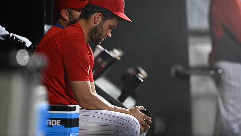 Jul 23, 2022; Philadelphia, Pennsylvania, USA; Philadelphia Phillies outfielder Bryce Harper (3) sits in the dugout during a game against the Chicago Cubs at Citizens Bank Park. Mandatory Credit: Kyle Ross-USA TODAY Sports