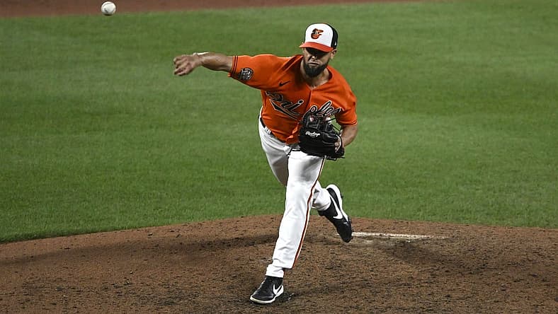Jul 23, 2022; Baltimore, Maryland, USA; Baltimore Orioles relief pitcher Jorge Lopez (48) delivers against the New York Yankees in the ninth inning at Oriole Park at Camden Yards. Mandatory Credit: James A. Pittman-USA TODAY Sports