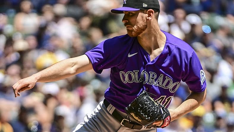 Jul 24, 2022; Milwaukee, Wisconsin, USA; Colorado Rockies pitcher Chad Kuhl (41) throws a pitch in the first inning against the Milwaukee Brewers at American Family Field. Mandatory Credit: Benny Sieu-USA TODAY Sports