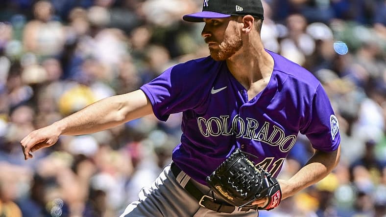 Jul 24, 2022; Milwaukee, Wisconsin, USA; Colorado Rockies pitcher Chad Kuhl (41) throws a pitch in the first inning against the Milwaukee Brewers at American Family Field. Mandatory Credit: Benny Sieu-USA TODAY Sports