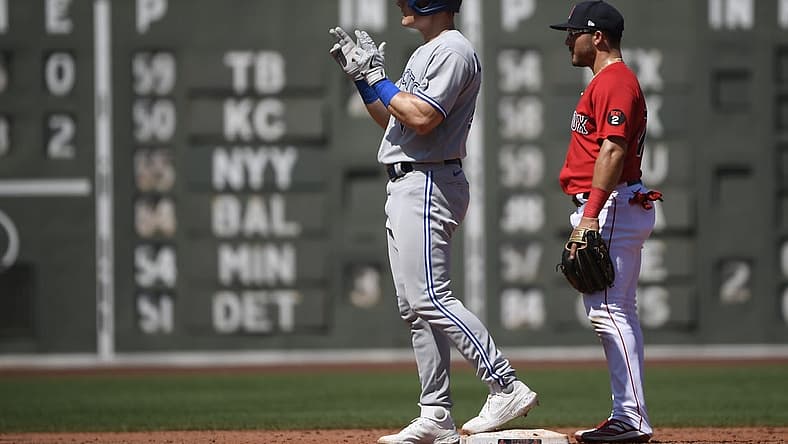 Jul 24, 2022; Boston, Massachusetts, USA; Toronto Blue Jays third baseman Matt Chapman (26) reacts after hitting a double during the third inning against the Boston Red Sox at Fenway Park. Mandatory Credit: Bob DeChiara-USA TODAY Sports