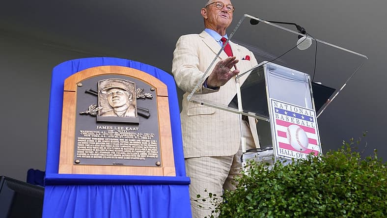 Jul 24, 2022; Cooperstown, New York, USA; Hall of Fame Inductee Jim Kaat gives his acceptance speech during the Baseball Hall of Fame Induction Ceremony at Clark Sports Center. Mandatory Credit: Gregory Fisher-USA TODAY Sports