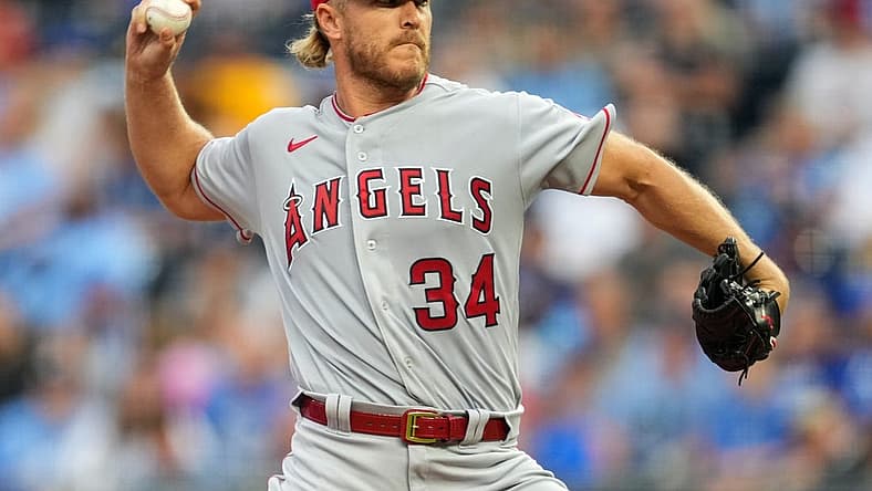 Jul 25, 2022; Kansas City, Missouri, USA; Los Angeles Angels starting pitcher Noah Syndergaard (34) throws a pitch against the Kansas City Royals during the first inning at Kauffman Stadium. Mandatory Credit: Jay Biggerstaff-USA TODAY Sports