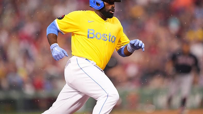 Jul 25, 2022; Boston, Massachusetts, USA; Boston Red Sox right fielder Jackie Bradley Jr. (19) rounds the bases and scores a run on an RBI single hit by second baseman Yolmer Sanchez (not pictured) against the Cleveland Guardians during the third inning at Fenway Park. Mandatory Credit: Gregory Fisher-USA TODAY Sports
