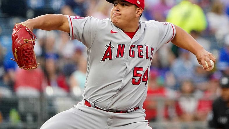 Jul 26, 2022; Kansas City, Missouri, USA; Los Angeles Angels starting pitcher Jose Suarez (54) delivers a pitch abasing the Kansas City Royals in the first inning of the game at Kauffman Stadium. Mandatory Credit: Denny Medley-USA TODAY Sports