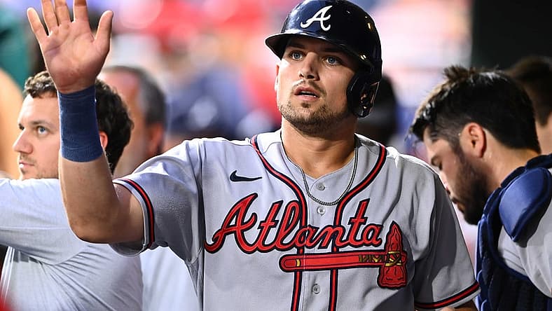Jul 26, 2022; Philadelphia, Pennsylvania, USA; Atlanta Braves third baseman Austin Riley (27) celebrates after scoring against the Philadelphia Phillies in the fourth inning at Citizens Bank Park. Mandatory Credit: Kyle Ross-USA TODAY Sports