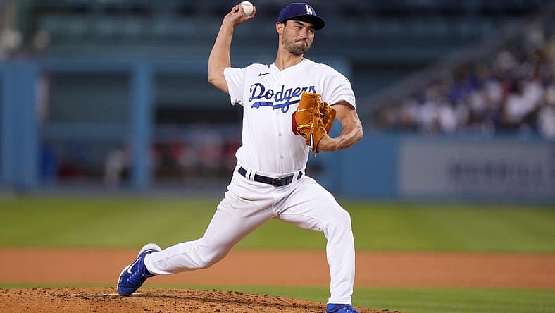 Jul 26, 2022; Los Angeles, California, USA; Los Angeles Dodgers starting pitcher Mitch White (66) throws in the third inning against the Washington Nationals at Dodger Stadium. Mandatory Credit: Kirby Lee-USA TODAY Sports