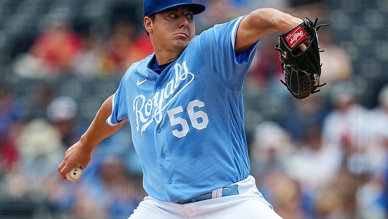 Jul 27, 2022; Kansas City, Missouri, USA; Kansas City Royals starting pitcher Brad Keller (56) pitches against the Los Angeles Angels during the first inning at Kauffman Stadium. Mandatory Credit: Jay Biggerstaff-USA TODAY Sports