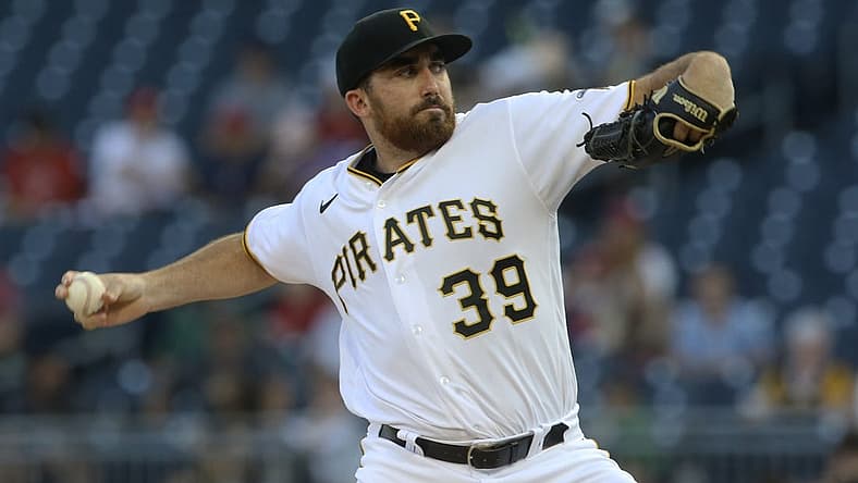 Jul 28, 2022; Pittsburgh, Pennsylvania, USA; Pittsburgh Pirates starting pitcher Zach Thompson (39) delivers a pitch against the Philadelphia Phillies during the first inning at PNC Park. Mandatory Credit: Charles LeClaire-USA TODAY Sports